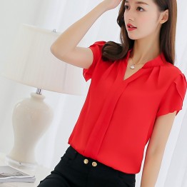 2019 Summer Women Chiffon Blouse Short Sleeve Red Ladies Office Ladies Shirts Plus Size Work Top Plus Size Casul Female Clothing