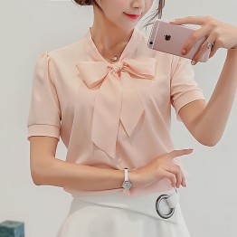 2019 Summer Women Short Sleeve Bow Chiffon Blouse Korean style elegant Office Ladies Shirts Plus Size Work Tops Femal Clothing