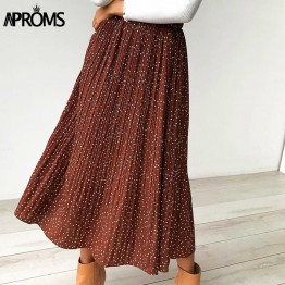 Aproms White Dots Floral Print Pleated Midi Skirt Women Elastic High Waist Side Pockets Skirts Summer 2019 Elegant Female Bottom