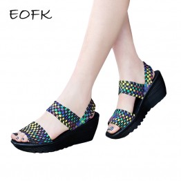 EOFK Summer Women Sandals Handmade Woven Nylon Women's Wedges Shoes Woman Ladies Sandals Large Size 42 Female Footwear
