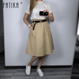FATIKA Pure Color Pockets Midi Skirts Casual Ladies Bottoms Trendy Female Skirts With Sashes 2019 Hot New For Women