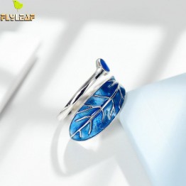 Flyleaf 100% 925 Sterling Silver Blue Drop Glaze Leaves Open Rings For Women Creative Design Lady Fashion Jewelry
