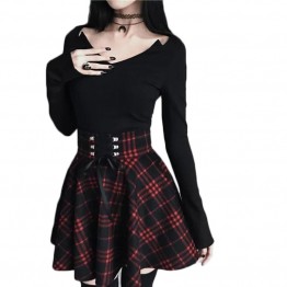 Gothic Lolita Skirt Women Ladies Winter Black Red Plaid Pleated Ball Gown 2018 New Arrivals High Waist Lace Up Wool Skirt Bottom