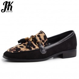 JK Fashion Casual Flats Women Square Toe Footwear Leopard Print Tassel Shoes Female Flock Loafers Shoes Woman 2019 New Spring