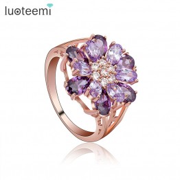 LUOTEEMI  Wholesale Fashion Jewelry Unique Flower Design With Purple Cubic Zirconia Paved Bling Finger Rings For Young Lady