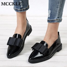 MCCKLE Spring Flats Women Shoes Bowtie Loafers Patent Leather Elegant Low Heels Slip On Footwear Female Pointed Toe Thick Heel