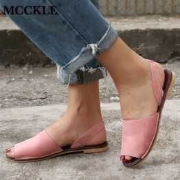MCCKLE Summer Sandals Women Plus Size Flats Female Casual Peep Toe Shoes Faux Suede Slip On Elastic Band Leisure Solid Footwear