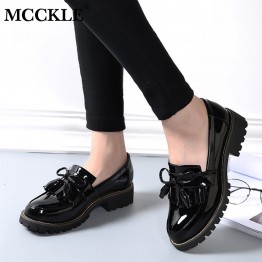 MCCKLE Women Low Heels Autumn Woman' Shoe Fashion Tassels Patent Leather Platform Shoes For Woman Sewing Slip On Female Footwear