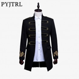 PYJTRL Men Double-breasted England Style Long Slim Fit Blazer Design Wedding Groom Suit Jacket Mens Stage Wear Singer Costume