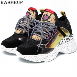 RASMEUP Women Chunky Street Sneakers Knit Thick Soled Increased Women's Sneaker 2019 Spring Breathable Woman Shoes Lady Footwear