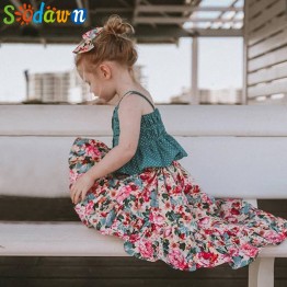 Sodawn 2019 Girls Set Summer Baby Girls Clothing Set Cute Girl Strap Top Irregular Floral Dress 2 Piece Set Children'S Wear
