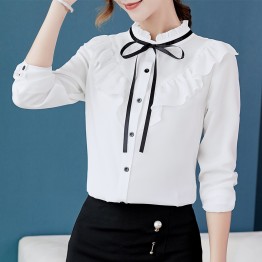 Spring Autumn 2019 Women White Shirt Long Sleeve Shirts Korean Ruffles Women Streetwear Slim Chiffon Blouse Elegant Ladies Tops