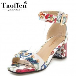 TAOFFEN Size 34-43 Women'S Embossed Flower Shoes Woman Summer Ankle Strap Chunky Heel Rivet Sandals Lady Office Footwear
