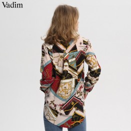 Vadim women vintage Geometric pattern blouses long sleeve turn down collar pleated shirts female casual wear chic tops LA293
