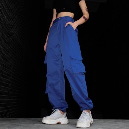 Weekeep Women High Waist Blue Cargo Pants Fashion Loose Pockets Pants Womens Streetwear Patchwork Pencil Sweat Pants Bottom
