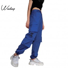 Weekeep Women High Waist Blue Cargo Pants Fashion Loose Pockets Pants Womens Streetwear Patchwork Pencil Sweat Pants Bottom