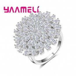 YAAMELI Classic Shiny Full White AAA+ Crystal Big Flower Design Crystal Zircon Ring Wedding Rings for Women Lady Fashion Jewelry