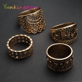 Yunkingdom New Vintage Ring Set Hollow Design Ancient Antique Gold Color Rings Women Ladies Punk jewelry