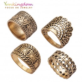 Yunkingdom New Vintage Ring Set Hollow Design Ancient Antique Gold Color Rings Women Ladies Punk jewelry